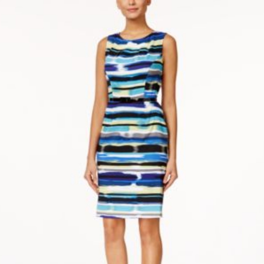 Petite Sleeveless Belted Blue Stripes Sheath Dress